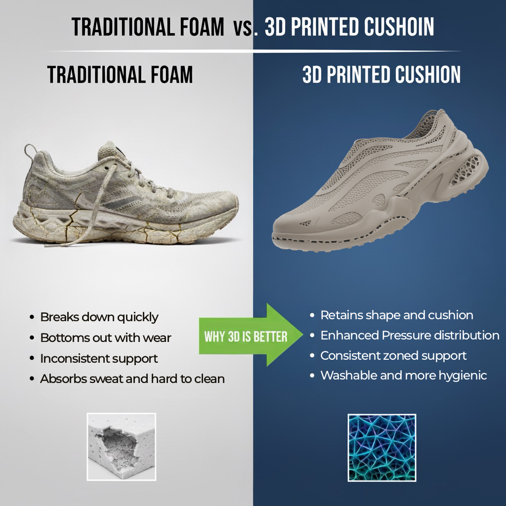 Comparison of traditional foam vs. 3D printed cushion in shoes with text and icons.