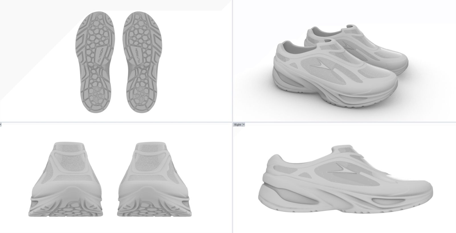 Grey renders of a slip-on developed for Zellerfeld: outsoles marked Autrion, a three-quarter pair, a rear view and a side view.