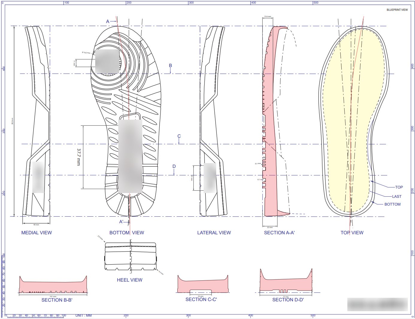 Outsole blueprint with medial, bottom, lateral and top views and dimensioned sections.