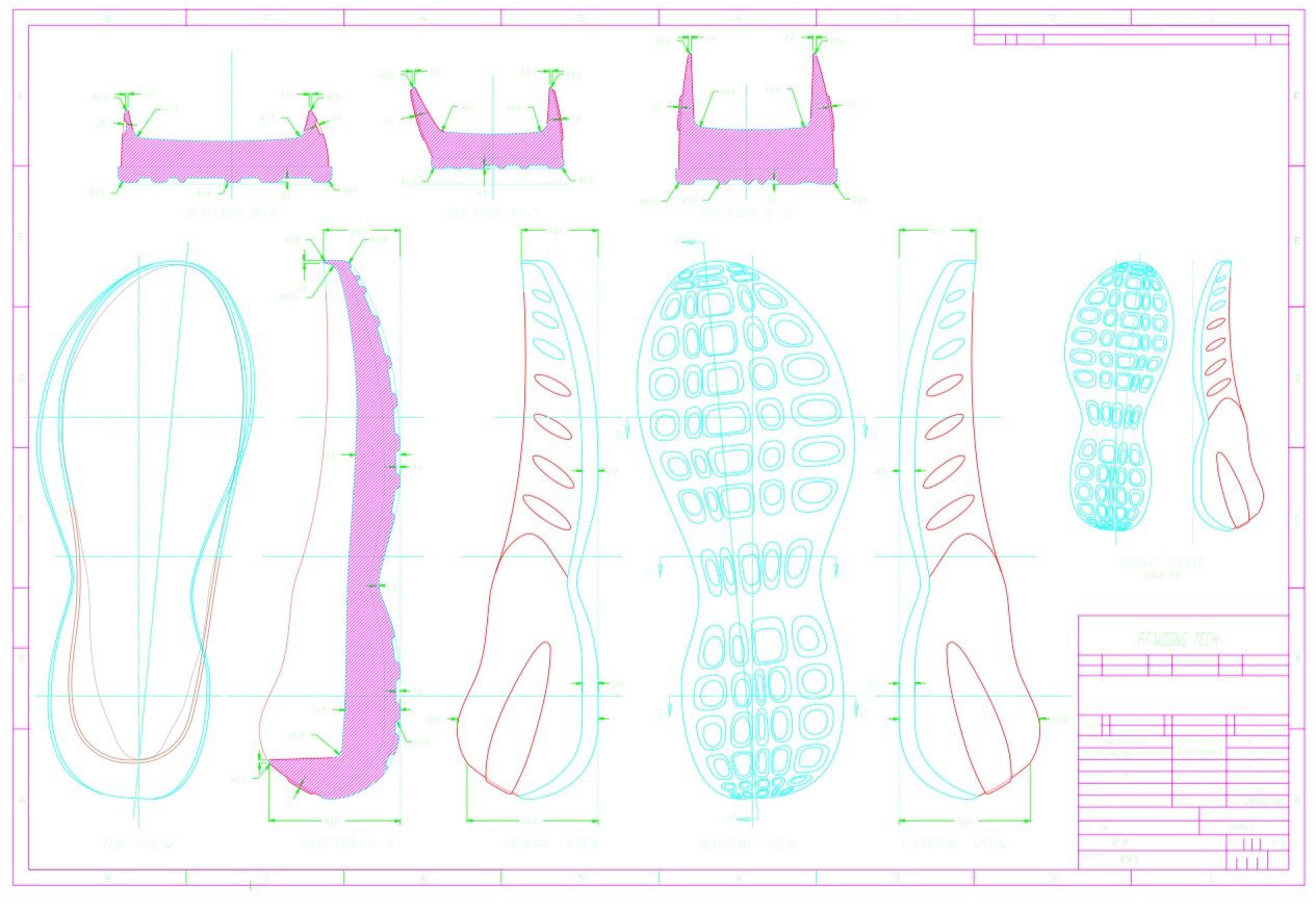 CAD sole drawing with top, bottom, medial and lateral views and hatched cross-sections.