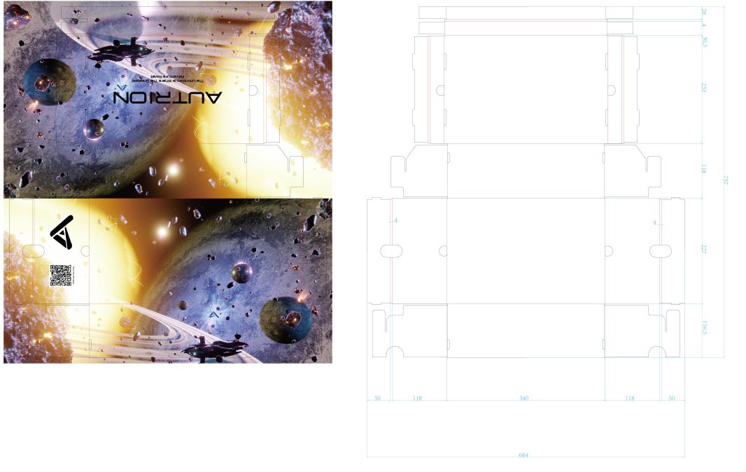 Autrion shoe box artwork beside its dimensioned dieline.