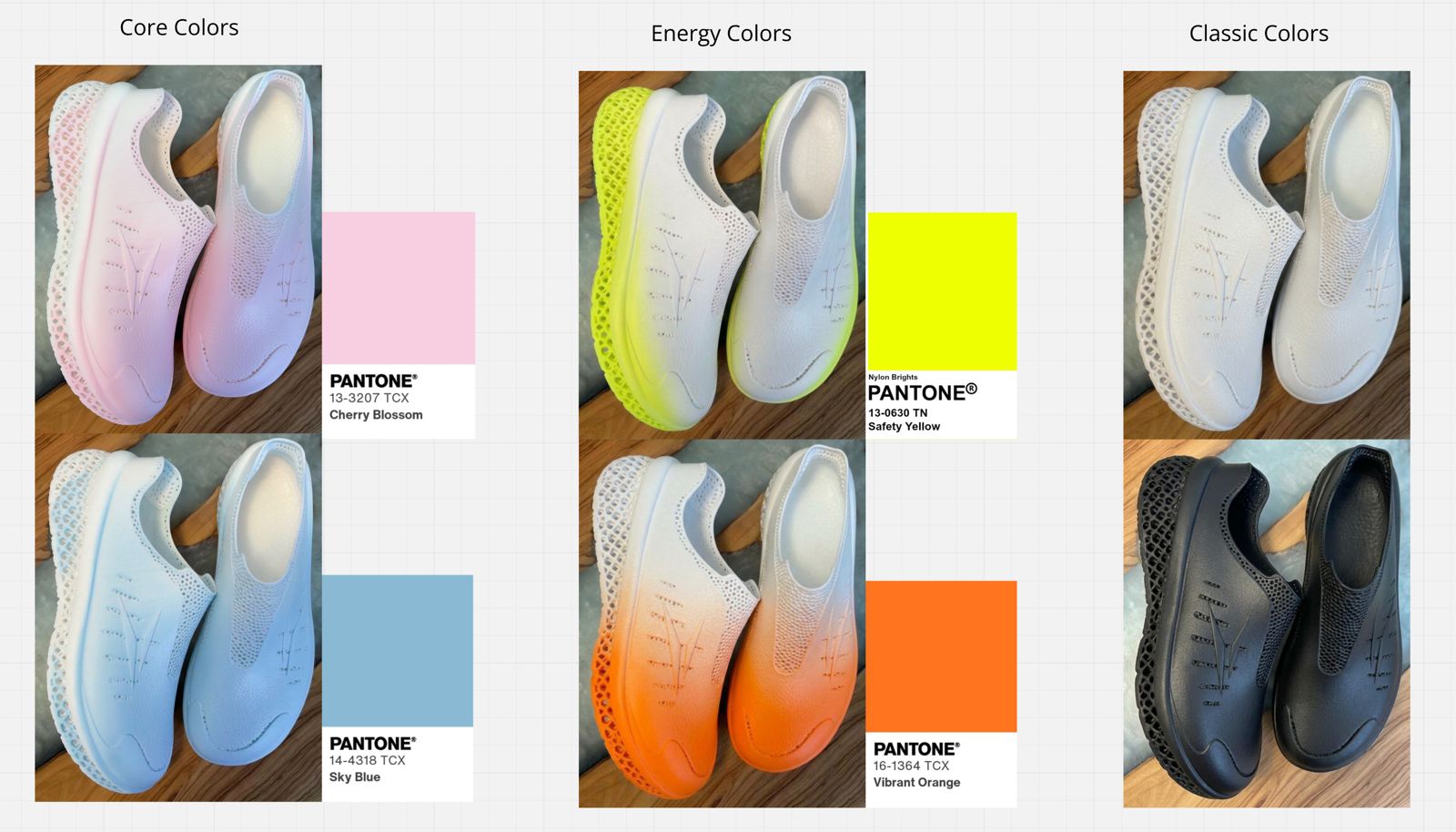 Printed lattice slip-ons in gradient colorways beside Pantone swatches for Cherry Blossom, Sky Blue, Safety Yellow and Vibrant Orange.