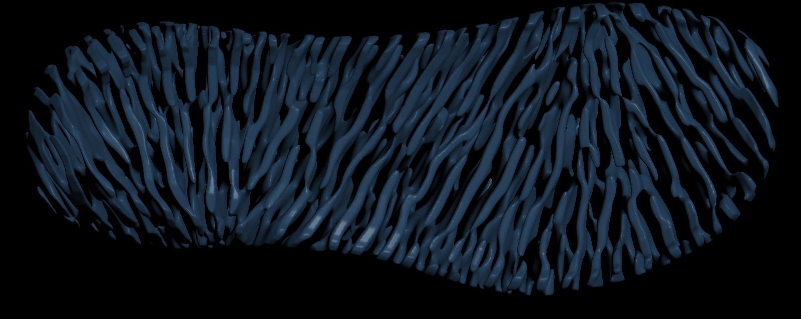 Top view of a midsole filled with lamellar lattice plates that turn along an S-curve guide.