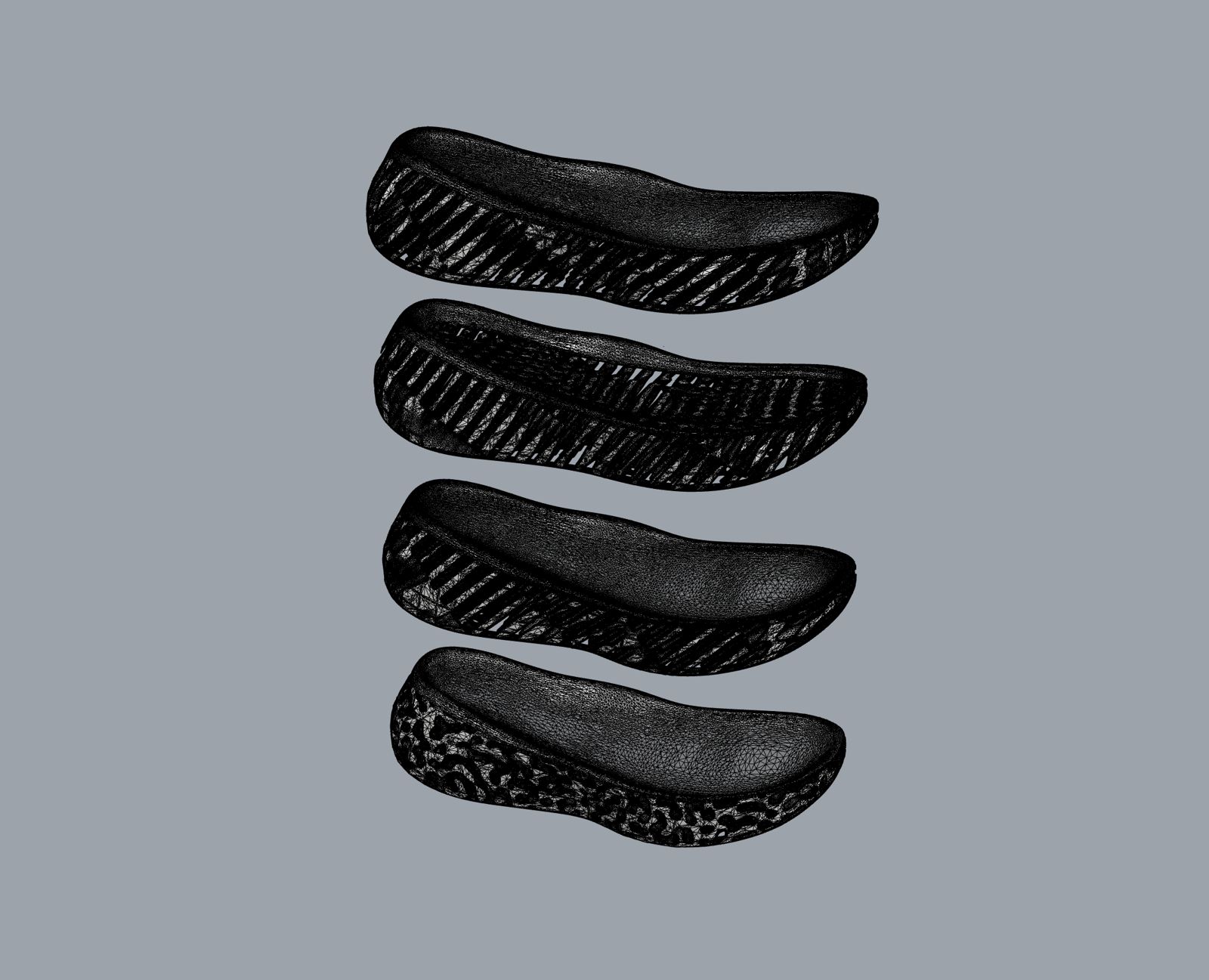 Four midsole variants stacked vertically, each with a different lattice sidewall.