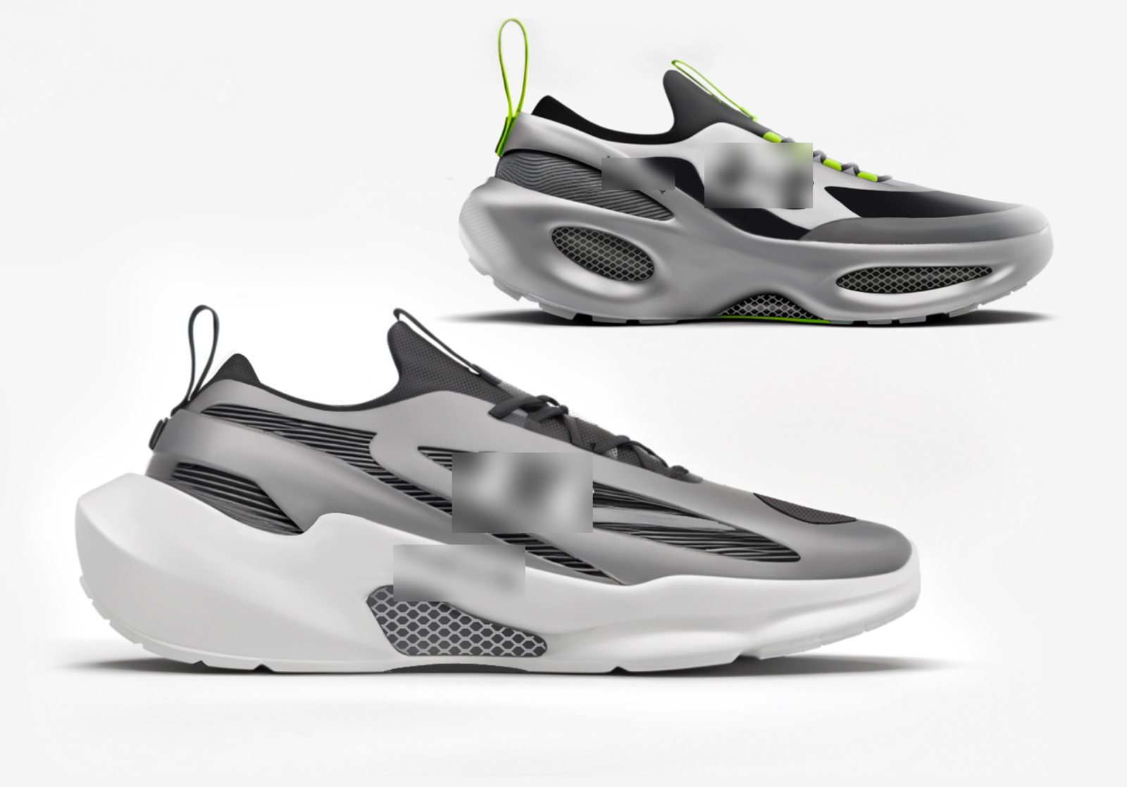Concept renders of two running shoes with sculpted midsoles, mesh windows and pull loops.