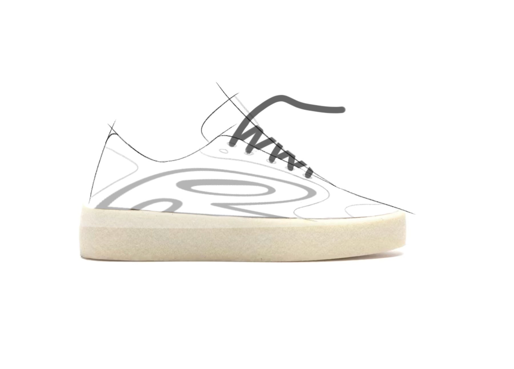 Line sketch of a low sneaker with a flowing overlay over a crepe sole.