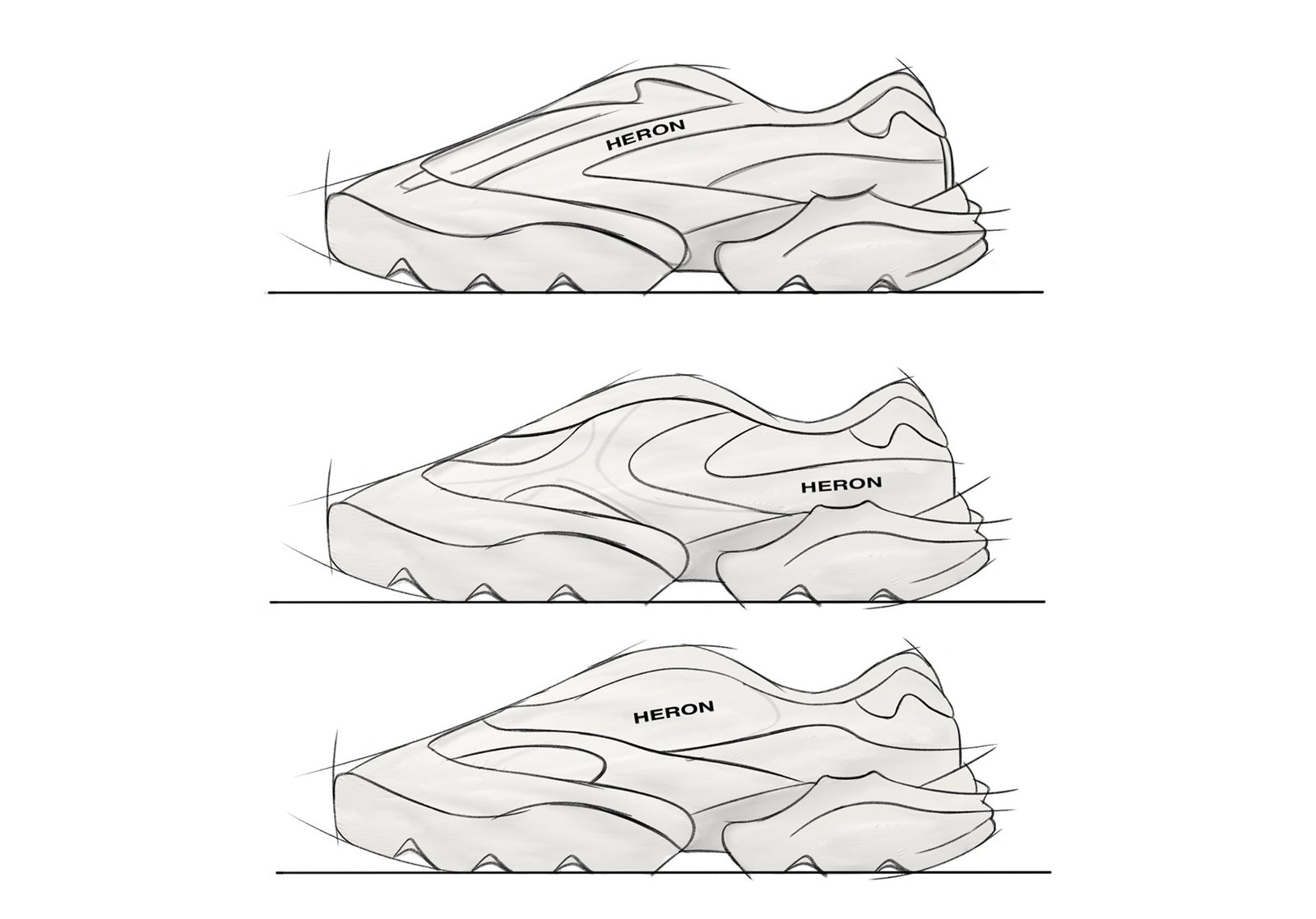Three refined side-view sneaker sketches with shaded panels and lugged pod outsoles.