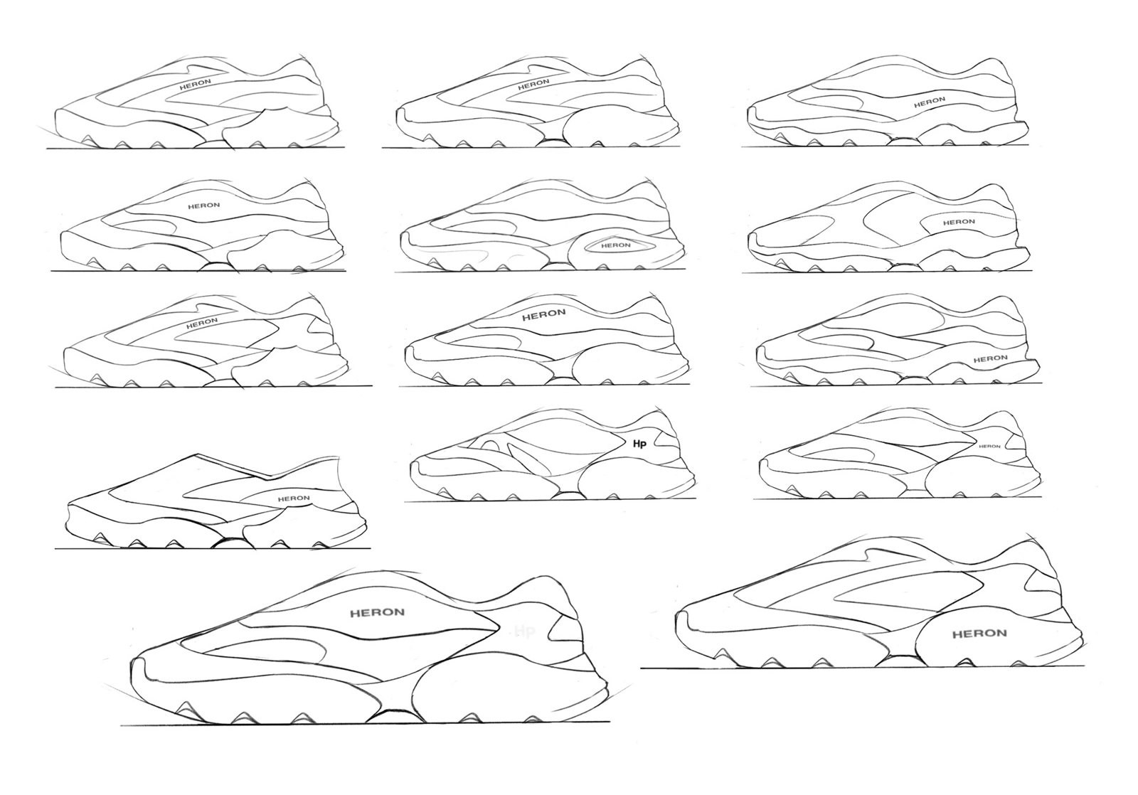 A sheet of thirteen side-view sneaker sketches exploring panel lines, pod outsoles and logo placement.