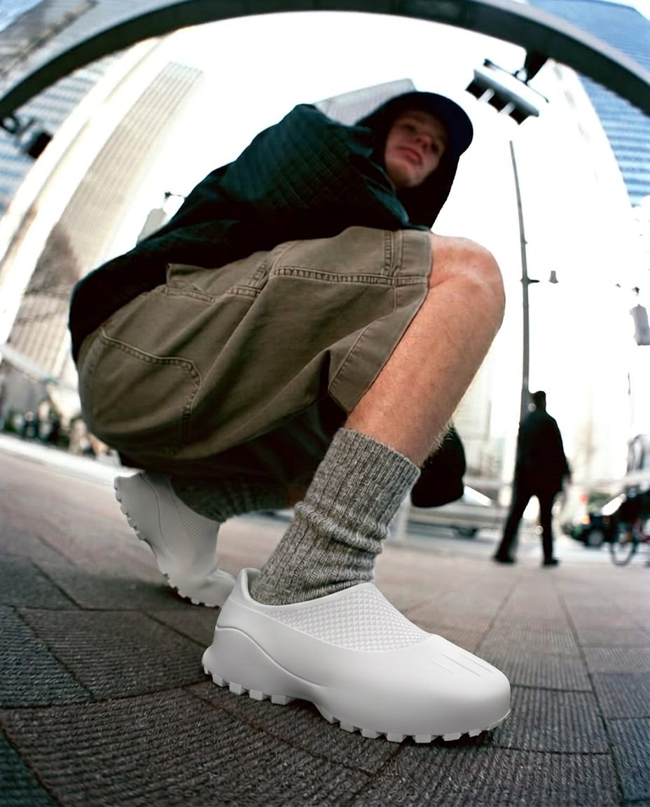 A man crouching on a city pavement in white printed Autrion shoes and grey wool socks.