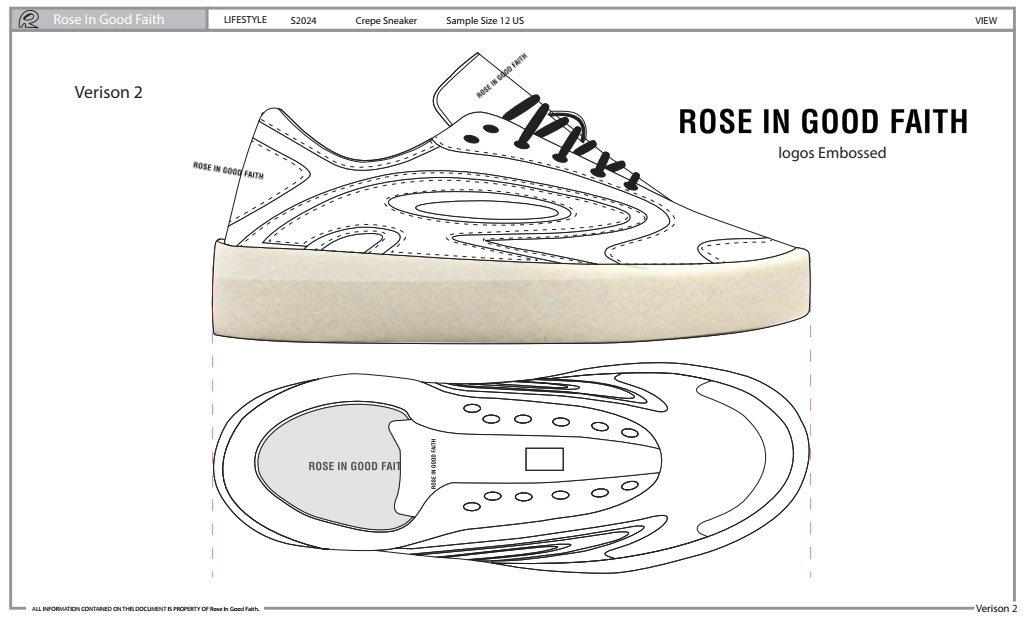 Tech pack page with side and top line drawings of a crepe sneaker and embossed logo placements.